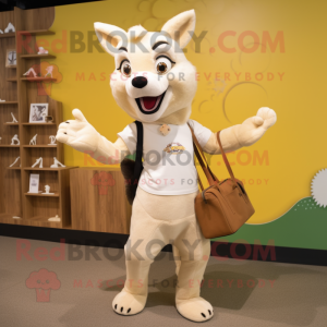 Cream Dingo mascot costume character dressed with a Mini Skirt and Tote bags