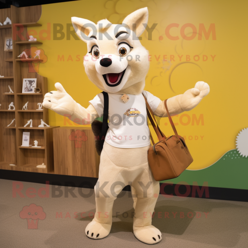 Cream Dingo mascot costume character dressed with a Mini Skirt and Tote bags Cream Dingo mascot costume character dressed with a Mini Skirt and Tote bags