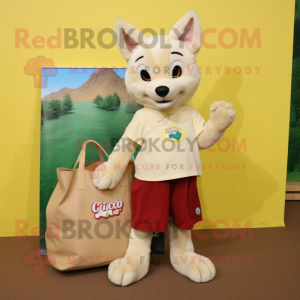 Cream Dingo mascot costume character dressed with a Mini Skirt and Tote bags