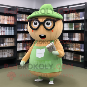 Tan Melon mascot costume character dressed with a Midi Dress and Reading glasses