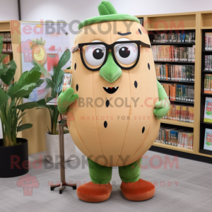 Tan Melon mascot costume character dressed with a Midi Dress and Reading glasses