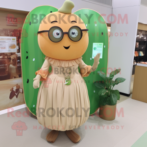 Tan Melon mascot costume character dressed with a Midi Dress and Reading glasses