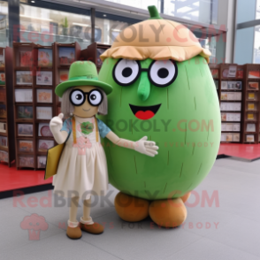 Tan Melon mascot costume character dressed with a Midi Dress and Reading glasses