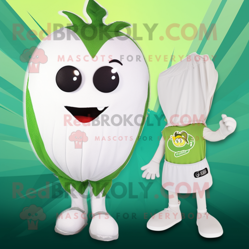 White Spinach mascot costume character dressed with a Bikini and Brooches