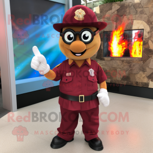 Maroon Fire Fighter mascot costume character dressed with a Vest and Reading glasses