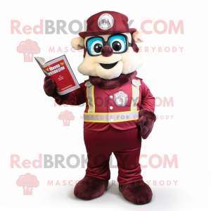 Maroon Fire Fighter mascot costume character dressed with a Vest and Reading glasses