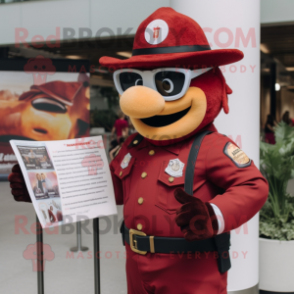 Maroon Fire Fighter mascot costume character dressed with a Vest and Reading glasses