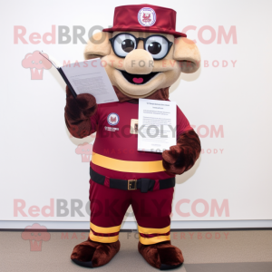 Maroon Fire Fighter mascot costume character dressed with a Vest and Reading glasses