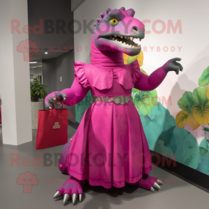 Magenta Iguanodon mascot costume character dressed with a Empire Waist Dress and Handbags