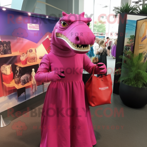Magenta Iguanodon mascot costume character dressed with a Empire Waist Dress and Handbags