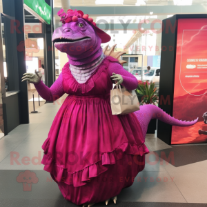 Magenta Iguanodon mascot costume character dressed with a Empire Waist Dress and Handbags