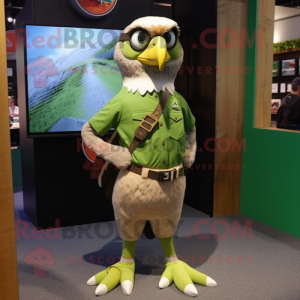 Olive Falcon mascot costume character dressed with a Mom Jeans and Bracelet watches