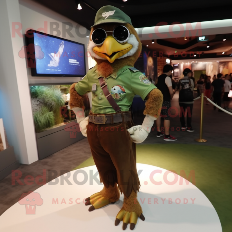 Olive Falcon mascot costume character dressed with a Mom Jeans and Bracelet watches