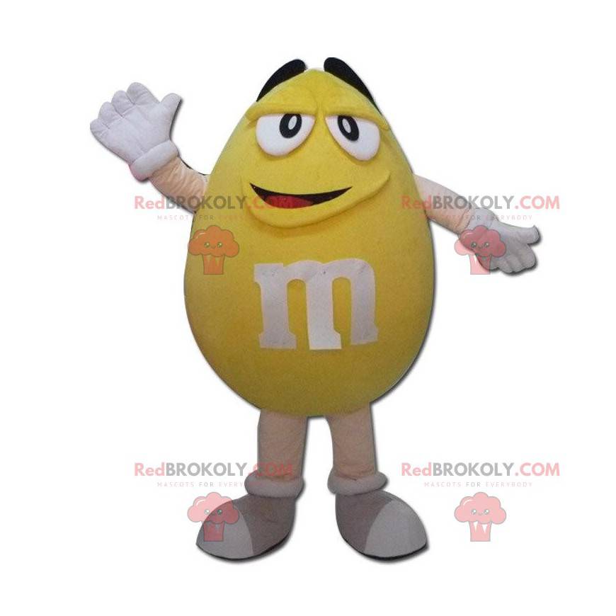 Gigantische gele M & M's mascotte, chocoladekostuum -