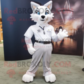 White Lynx mascot costume character dressed with a Polo Tee and Suspenders