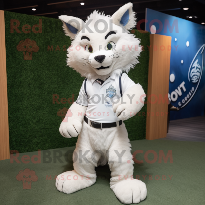 White Lynx mascot costume character dressed with a Polo Tee and Suspenders White Lynx mascot costume character dressed with a Polo Tee and Suspenders