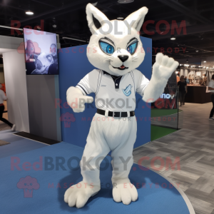 White Lynx mascot costume character dressed with a Polo Tee and Suspenders