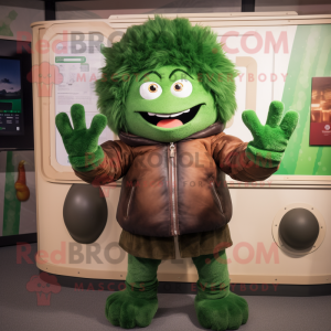 Green Meatballs mascot costume character dressed with a Leather Jacket and Gloves