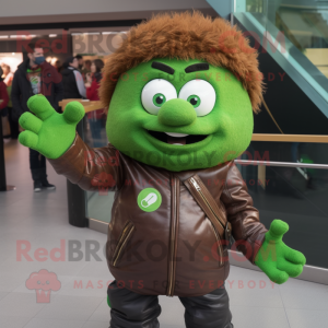 Green Meatballs mascot costume character dressed with a Leather Jacket and Gloves