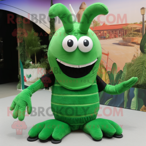 Forest Green Shrimp Scampi mascot costume character dressed with a Tank Top and Mittens