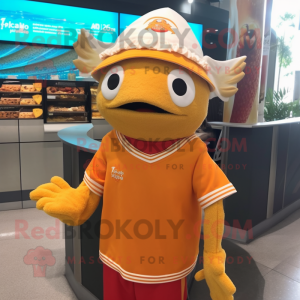 Gold Fish Tacos mascot costume character dressed with a Rash Guard and Headbands