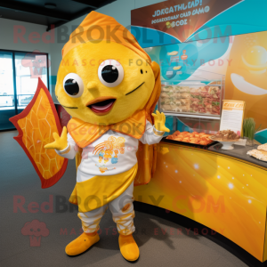 Gold Fish Tacos mascot costume character dressed with a Rash Guard and Headbands