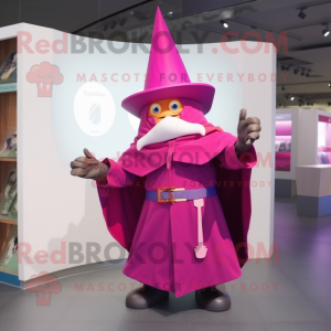 Magenta Wizard mascot costume character dressed with a Raincoat and Belts