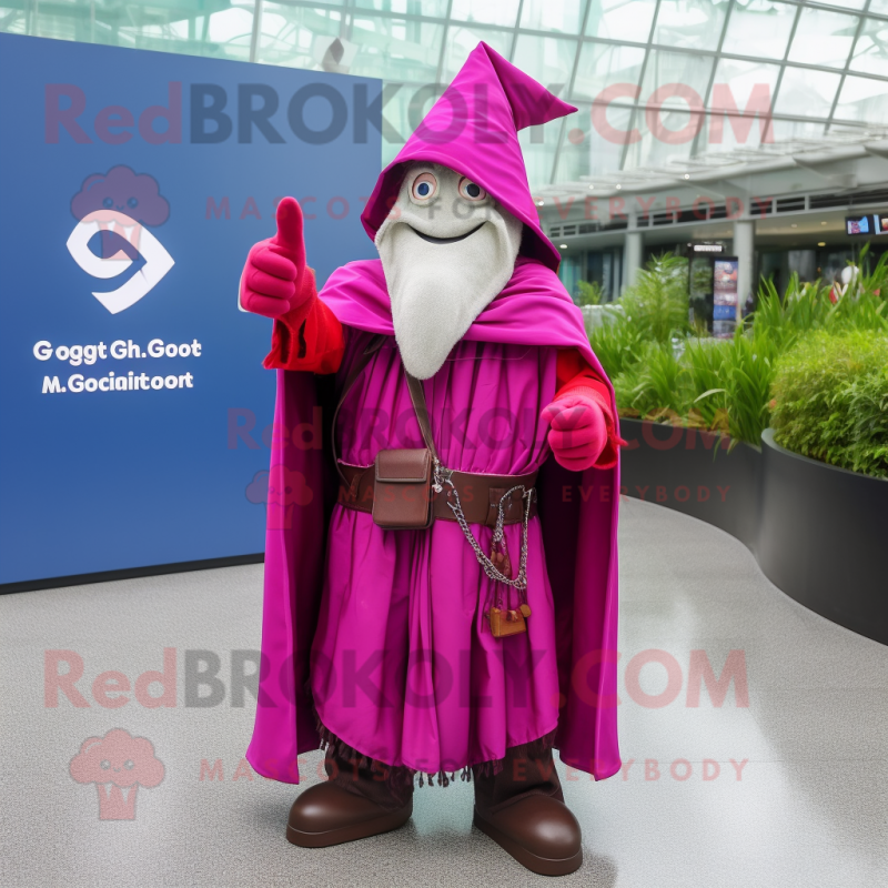 Magenta Wizard mascot costume character dressed with a Raincoat and Belts