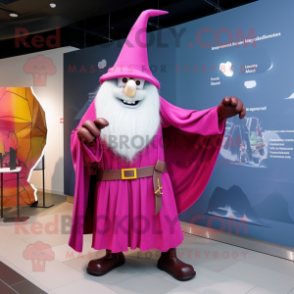 Magenta Wizard mascot costume character dressed with a Raincoat and Belts