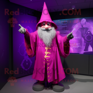 Magenta Wizard mascot costume character dressed with a Raincoat and Belts