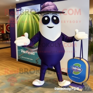 Navy Eggplant mascot costume character dressed with a Board Shorts and Briefcases