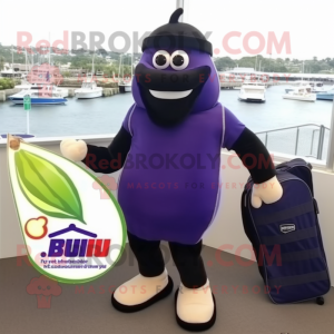 Navy Eggplant mascot costume character dressed with a Board Shorts and Briefcases