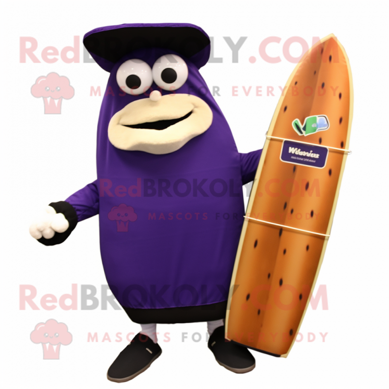 Navy Eggplant mascot costume character dressed with a Board Shorts and Briefcases Navy Eggplant mascot costume character dressed with a Board Shorts and Briefcases