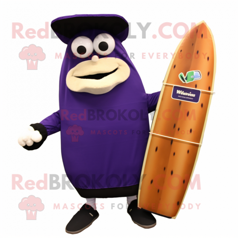 Navy Eggplant mascot costume character dressed with a Board Shorts and Briefcases