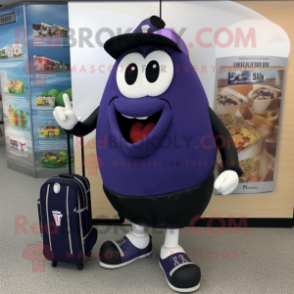 Navy Eggplant mascot costume character dressed with a Board Shorts and Briefcases