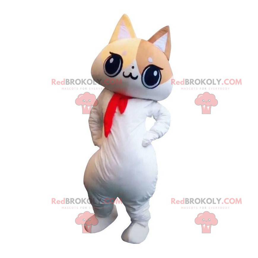 Mascotte de chat blanc, beige et marron, costume de gros chat -