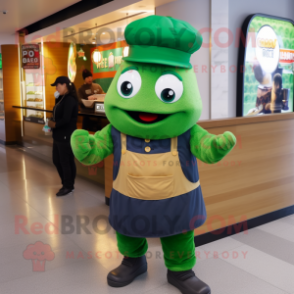 Green Croissant mascot costume character dressed with a Dungarees and Beanies