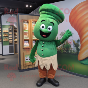 Green Croissant mascot costume character dressed with a Dungarees and Beanies