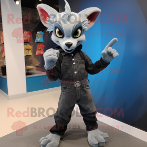 Gray Chupacabra mascot costume character dressed with a Jeans and Gloves