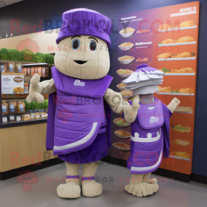 Purple Caesar Salad mascot costume character dressed with a Wrap Dress and Messenger bags