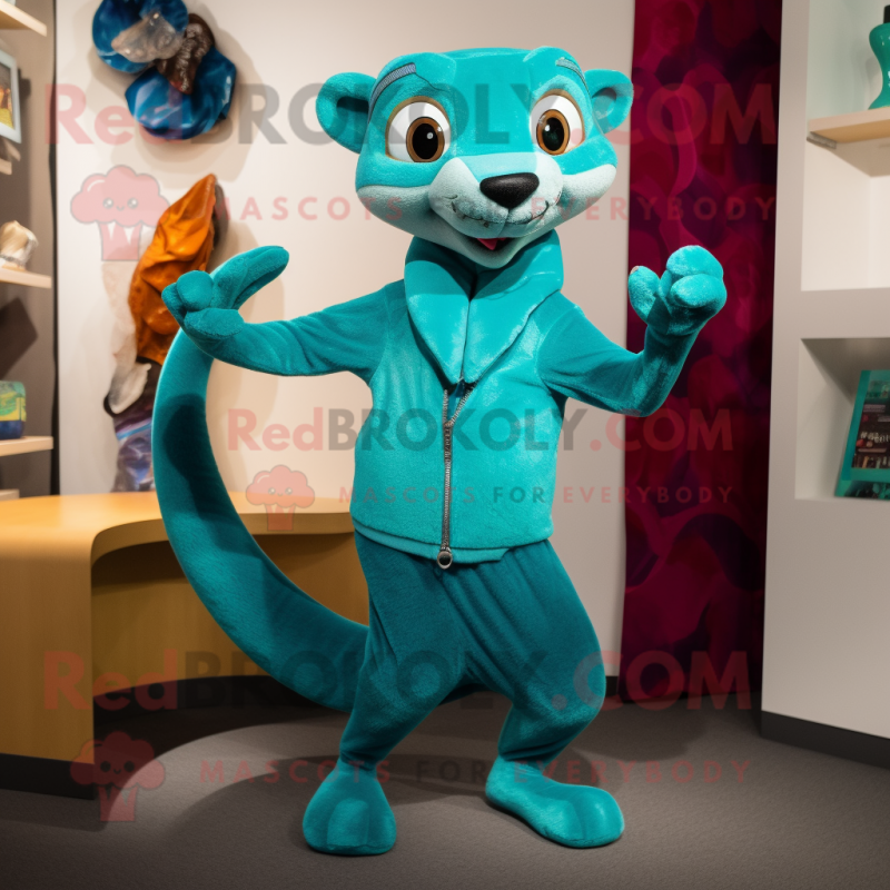 Turquoise Weasel mascot costume character dressed with a Cardigan and Watches