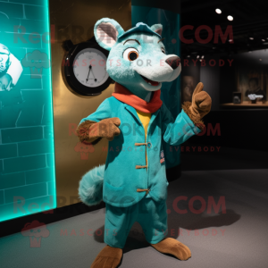 Turquoise Weasel mascot costume character dressed with a Cardigan and Watches