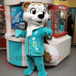 Turquoise Weasel mascot costume character dressed with a Cardigan and Watches