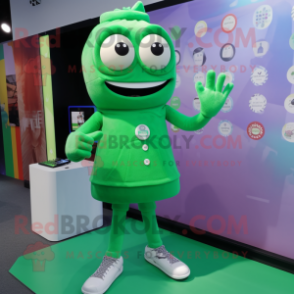 Green Wrist Watch mascot costume character dressed with a Cardigan and Foot pads