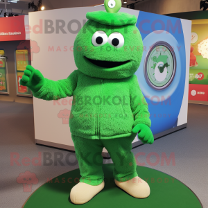 Green Wrist Watch mascot costume character dressed with a Cardigan and Foot pads