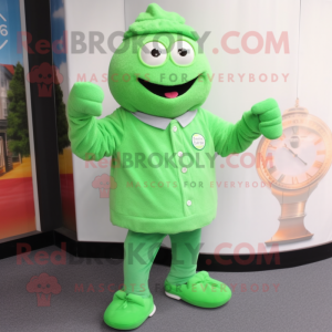 Green Wrist Watch mascot costume character dressed with a Cardigan and Foot pads