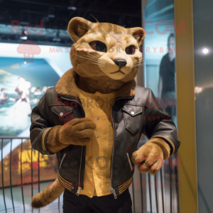 Gold Jaguarundi mascot costume character dressed with a Leather Jacket and Lapel pins