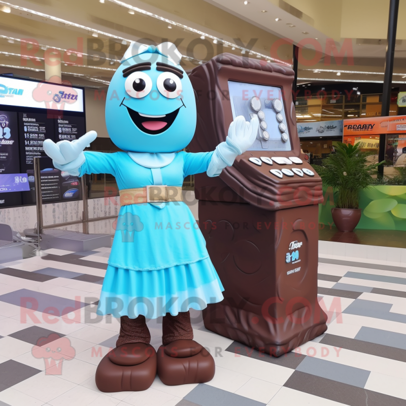 Sky Blue Chocolate Bar mascot costume character dressed with a Maxi Dress and Digital watches