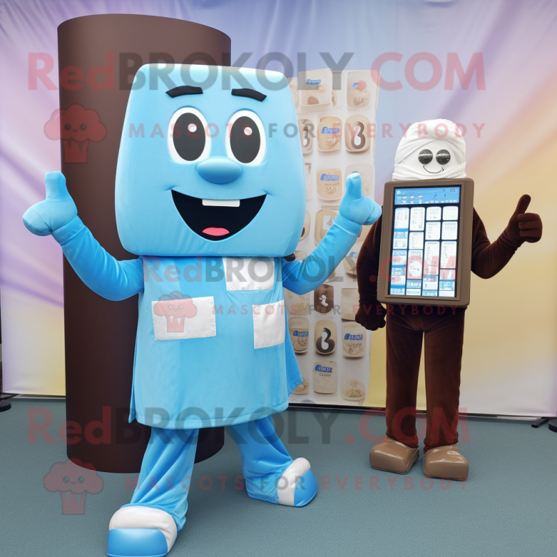 Sky Blue Chocolate Bar mascot costume character dressed with a Maxi Dress and Digital watches Sky Blue Chocolate Bar mascot costume character dressed with a Maxi Dress and Digital watches