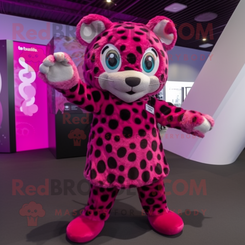 Magenta Leopard mascot costume character dressed with a Playsuit and Headbands